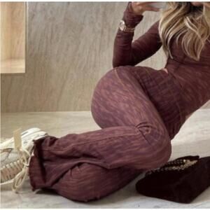 House of CB Erin Mesh Chocolate Brown Print Flare Pants Womens Small